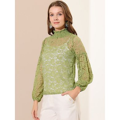 Women's Floral Lace Top Turtleneck Puff Long Sleeve See Through Sheer Blouse