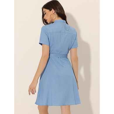 Women's Button Down Short Sleeve Denim Shirt Dress With Belt