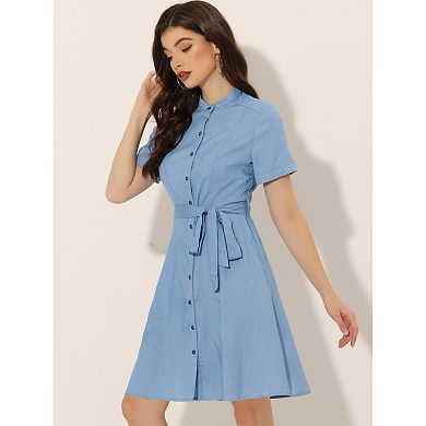 Women's Button Down Short Sleeve Denim Shirt Dress With Belt