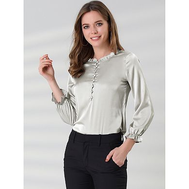 Women's Ruffle Neck Bubble Sleeve Elastic Cuff Button Work Office Satin Blouse