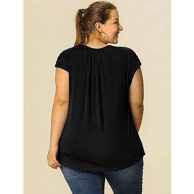 Women's Plus Size Summer Ruched Short Sleeve Round Neck Solid Tops