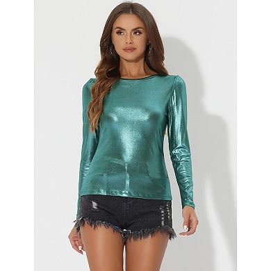 Women's Long Sleeve Sparkly Party Glitter Shiny Metallic Tops Shirt