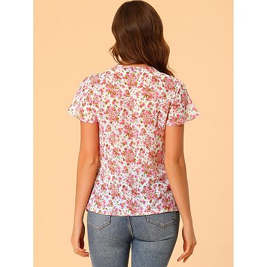 Women's Casual Tie Neck Short Sleeve Ruffled Floral Tops