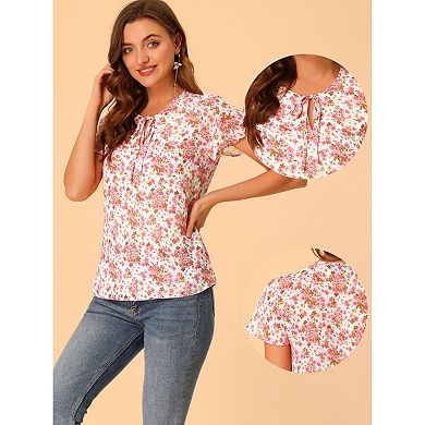 Women's Casual Tie Neck Short Sleeve Ruffled Floral Tops