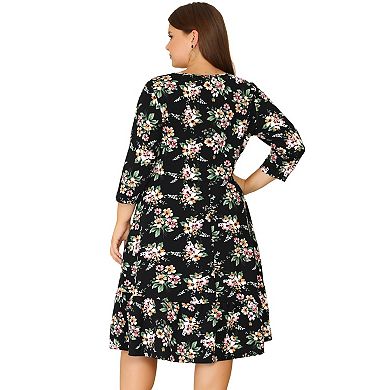 Women's Plus Size Dress V Neck Ruffle Hem 3/4 Sleeve Elegant Floral Dresses