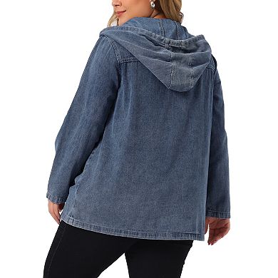 Women's Plus Size Layered Drawstring Hood for Women Denim Utility Jacket W Pockets