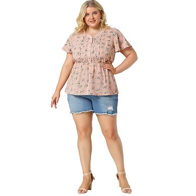 Women's Plus Size Summer Ditsy Floral Short Sleeve Peplum Blouse