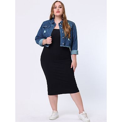 Women's Plus Size Fall Washed Distressed Cropped Denim Jackets