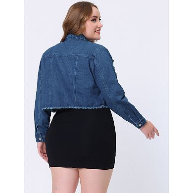 Women's Plus Size Fall Washed Distressed Cropped Denim Jackets