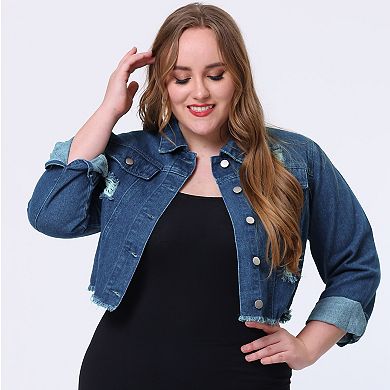 Women's Plus Size Fall Washed Distressed Cropped Denim Jackets