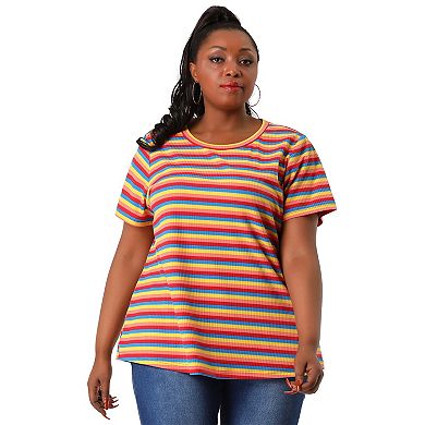 Women's Plus Size Stripe T-Shirt Short Sleeve Crew Neck Rainbow Top