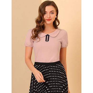Women's Bow Neck Solid Short Sleeve Peter Pan Collar Blouse