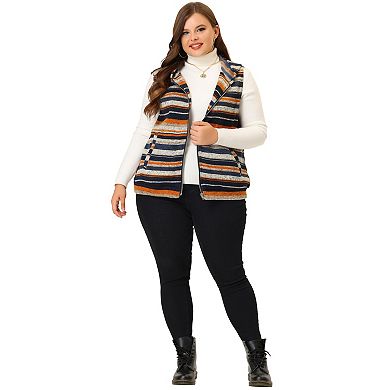 Women's Plus Size Hoodie Sleeveless Zip Stripe Knit Outerwear Vest