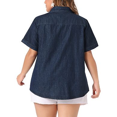 Plus Size Denim Shirt Women Jean Western Shirts Short Sleeve Button Down Tops