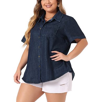 Plus Size Denim Shirt Women Jean Western Shirts Short Sleeve Button Down Tops