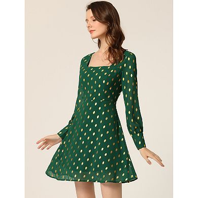Women's Vintage Square Neck Long Puff Sleeve Metallic Dots Print A-Line Dress