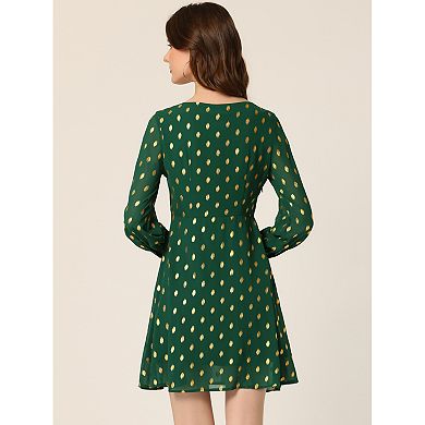 Women's Vintage Square Neck Long Puff Sleeve Metallic Dots Print A-Line Dress