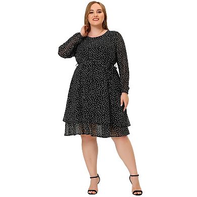 Women's Plus Size Long Sleeves Polka Dots Tie Waist Chiffon Dress