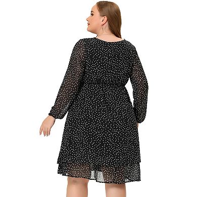 Women's Plus Size Long Sleeves Polka Dots Tie Waist Chiffon Dress