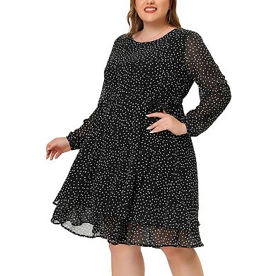 Women's Plus Size Long Sleeves Polka Dots Tie Waist Chiffon Dress