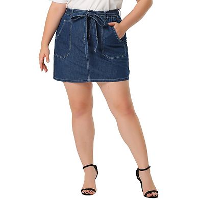 Women's Plus Size Denim Tie Waist Button Front Mini Skirt