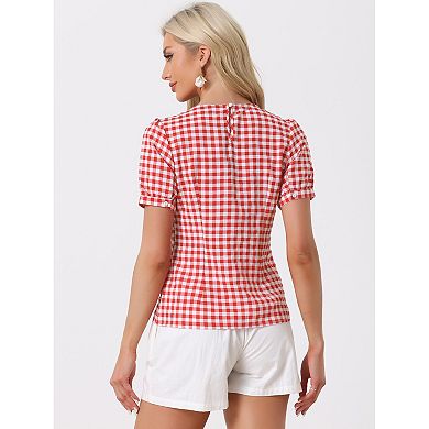 Vintage Blouse For Women's Plaid Crew Neck Short Sleeve Casual Gingham Tops