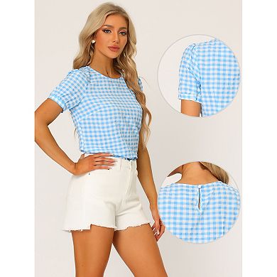 Vintage Blouse For Women's Plaid Crew Neck Short Sleeve Casual Gingham Tops