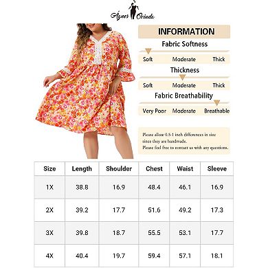Women's Plus Size V Neck 3/4 Sleeves Lace Floral Babydoll Dress