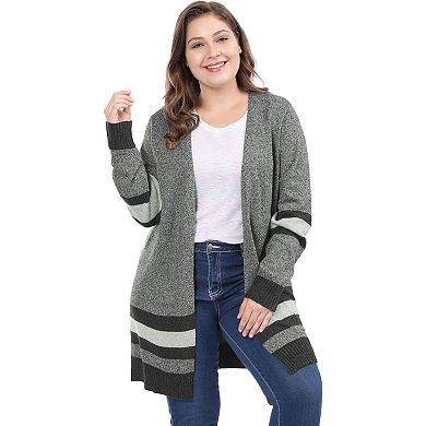 Women's Plus Size Open Front Striped Sweater Cardigan