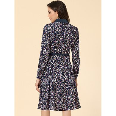 Women's Work Floral Contrast Collar Belt Long Sleeve Knee Length Dress