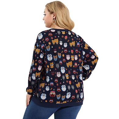 Women's Plus Size Winter Pullover Cute Owl Pattern Sweatershirt