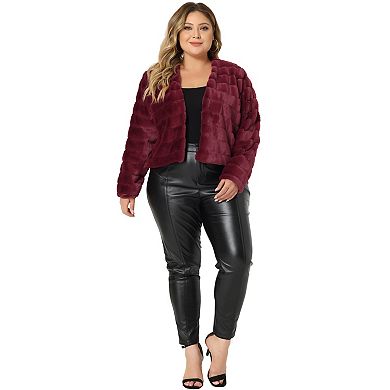 Women's Plus Size Open Front Plush Faux Fur Cropped Jacket