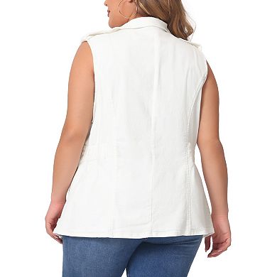 Plus Size Women's Denim Jacket Sleeveless Waistline Notched Lapel Button Denim Vests
