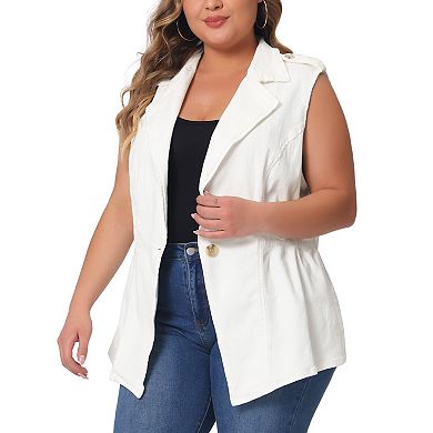 Plus Size Women's Denim Jacket Sleeveless Waistline Notched Lapel Button Denim Vests