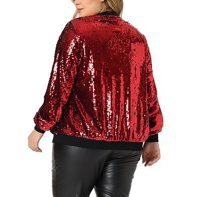 Women's Plus Size Metallic Sequin Sparkle Zip Bomber Jacket