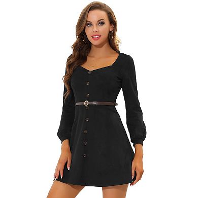 Women's Faux Suede Button Decor Sweetheart Neck Belted Dress