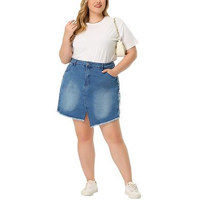 Plus Size Denim Skirt for Women Casual Slit Fashion Pockets Mini Skirts