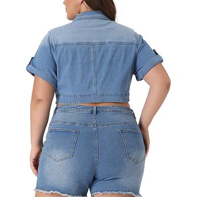 Women's Plus Size Cropped Denim Jackets Button Front Work Jean Washed Rolled Sleeves