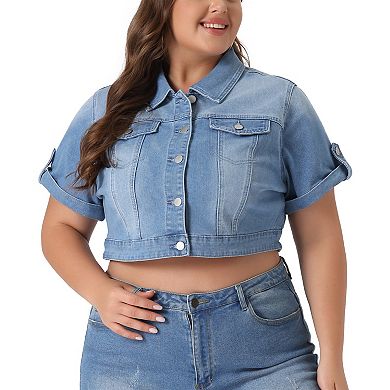 Women's Plus Size Cropped Denim Jackets Button Front Work Jean Washed Rolled Sleeves
