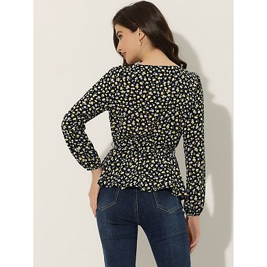 Women's Long Sleeve Square Neck Belted Peplum Floral Top Blouse