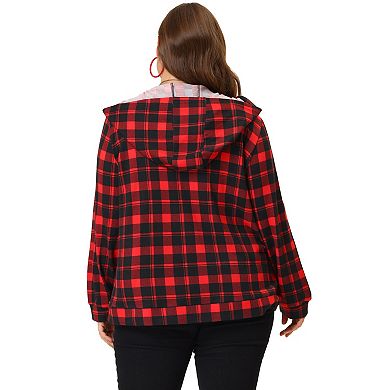 Women's Plus Size Soft Plaid Long Sleeves Zip Up Hood Jacket