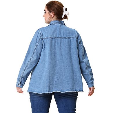 Women's Plus Size Casual Washed Frayed Denim Jacket