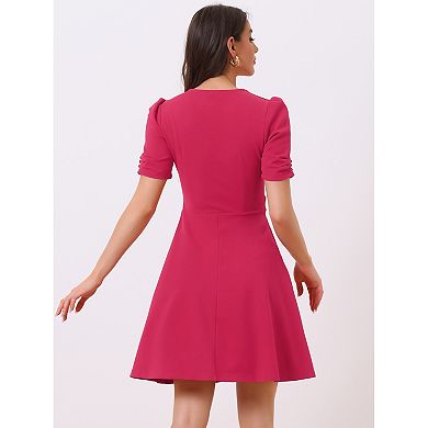 Elegant Business Dress For Women’s Sweetheart Neck Pleated Short Sleeve A-line Sheath Dress