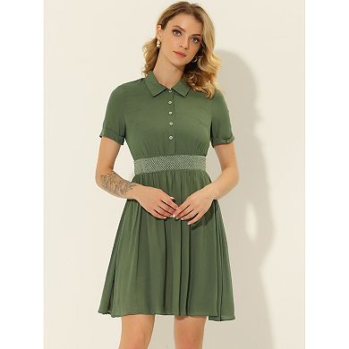 Women's A-Line Button Smocked Color Block Summer Dress