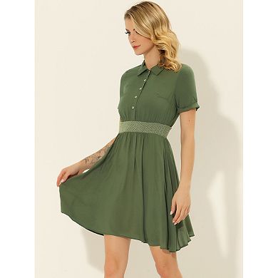 Women's A-Line Button Smocked Color Block Summer Dress