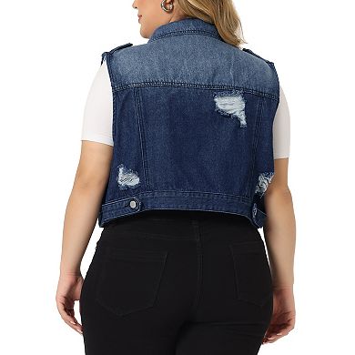 Women's Plus Size Denim Sleeveless Chest Pockets Vests Jacket