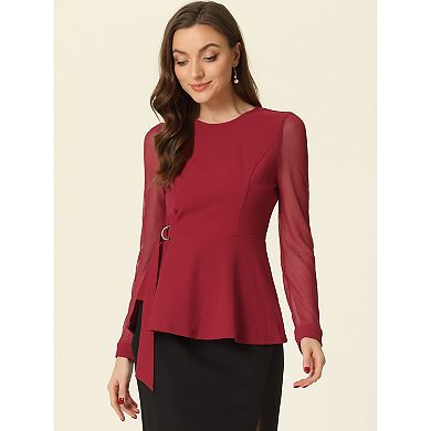 Peplum Blouse For Women's Mesh Sheer Long Sleeve Round Neck Belted Work Top