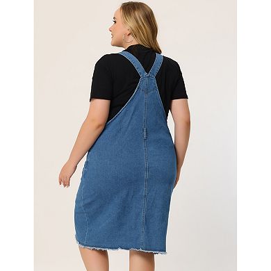 Women's Plus Size Distressed Pocket Racerback Suspender Overall Dress