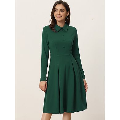 Women's Point Collar Zipper Belted Pleated Fit And Flare Shirt Dress