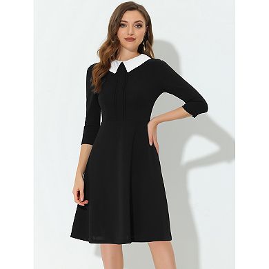 Women's 3/4 Sleeve Contrast Doll Collar A-line Dress